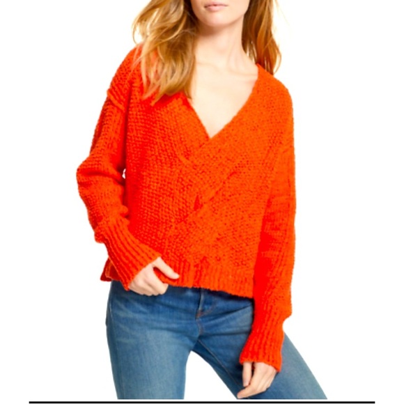 Free People Women’s Coco V-Neck Knit Sweater Size SP  Orange Oversized Chunky - Picture 1 of 11